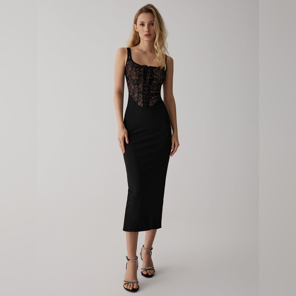 Lace Corset Square Neck Long Dress Commense